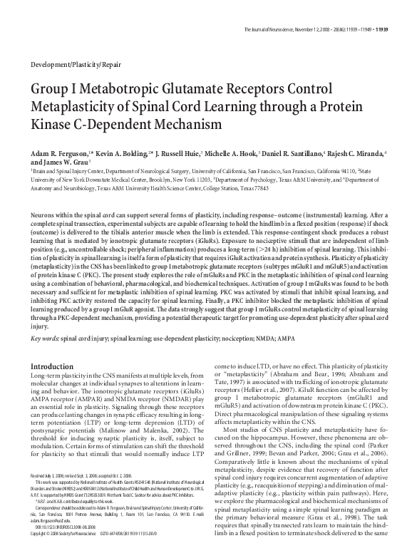 (PDF) Group I metabotropic glutamate receptors contribute to the ...