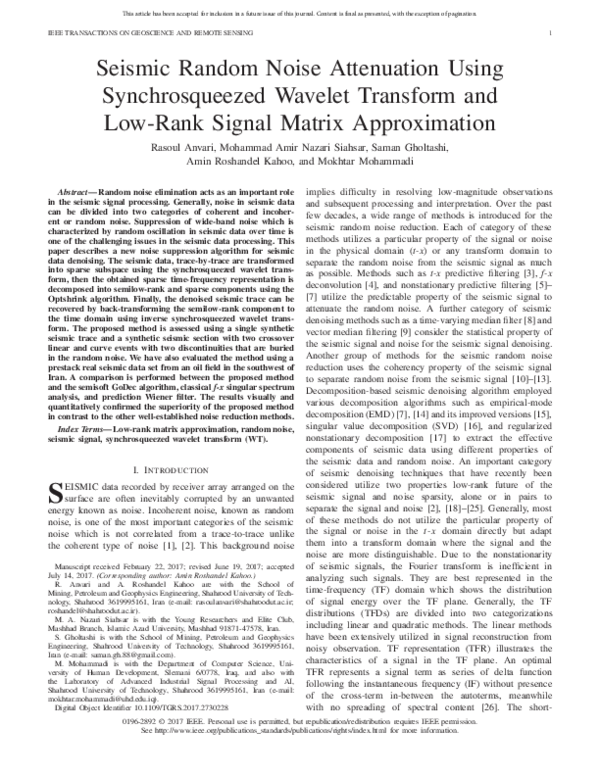 (PDF) Seismic Random Noise Attenuation Using Synchrosqueezed Wavelet ...
