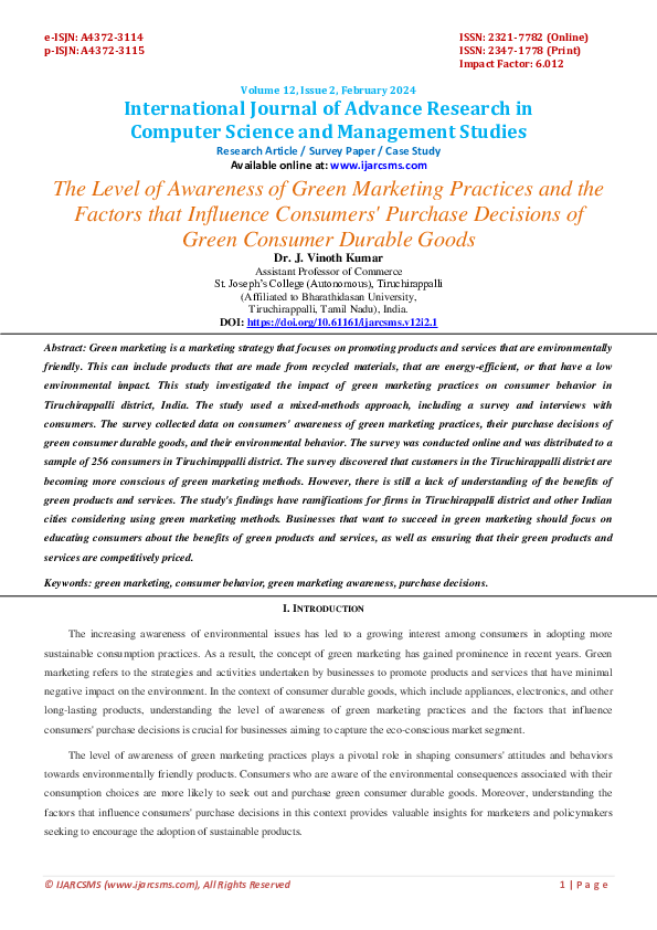 (PDF) The Level of Awareness of Green Marketing Practices and the ...