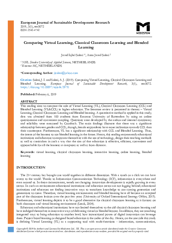 (PDF) Comparing Virtual Learning, Classical Classroom Learning and ...