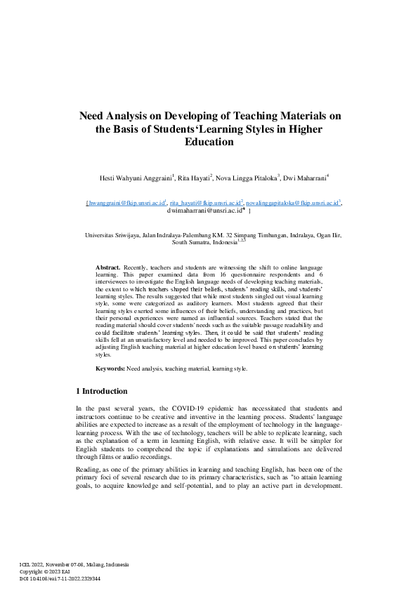 (PDF) Need Analysis on Developing of Teaching Materials on the Basis of ...