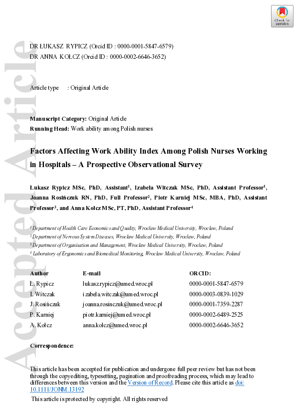 (PDF) Factors affecting work ability index among polish nurses working ...