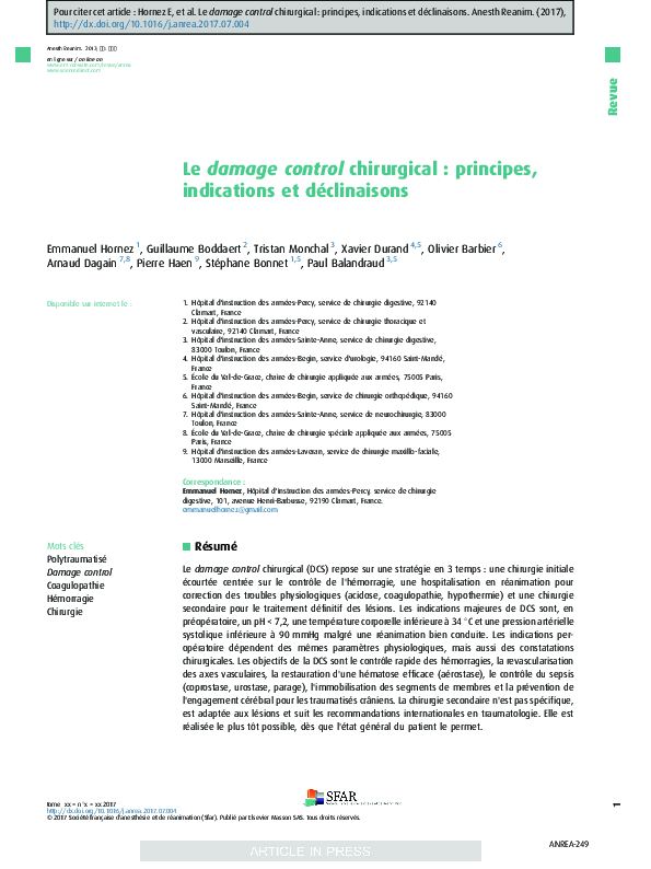 (PDF) Le damage control chirurgical : principes, indications et ...