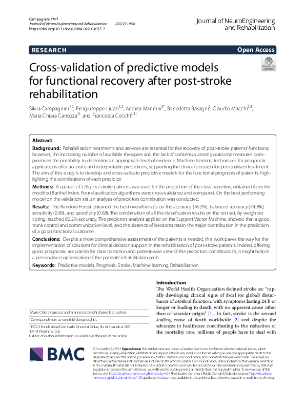 (PDF) Cross-validation of predictive models for functional recovery ...