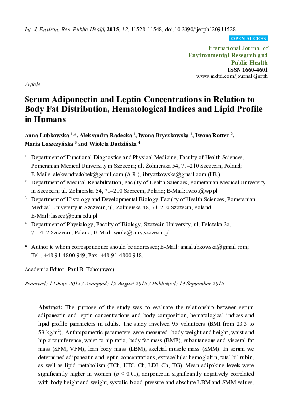 (PDF) Serum Adiponectin and Leptin Concentrations in Relation to Body ...
