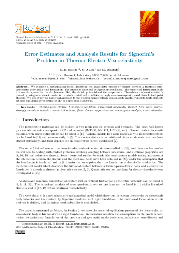 (PDF) Error Estimates and Analysis Results for Signorini’s Problem in ...