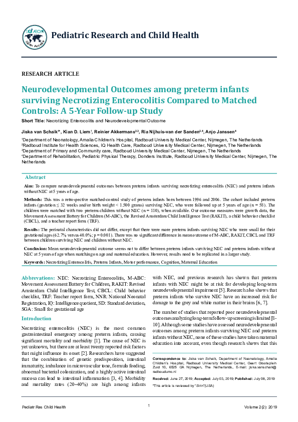 (PDF) Neurodevelopmental Outcomes among preterm infants surviving ...