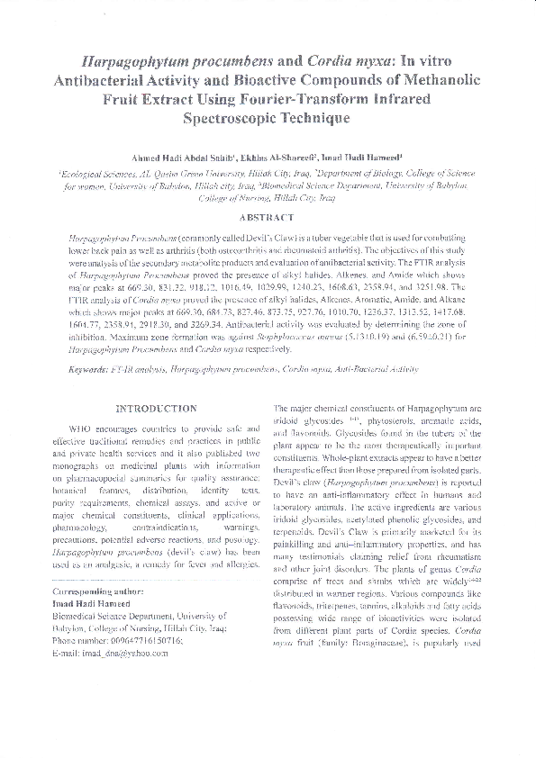 (PDF) Harpagophytum procumbens and Cordia myxa: In vitro Antibacterial ...