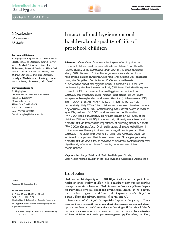 (PDF) Impact of oral hygiene on oral health-related quality of life of ...