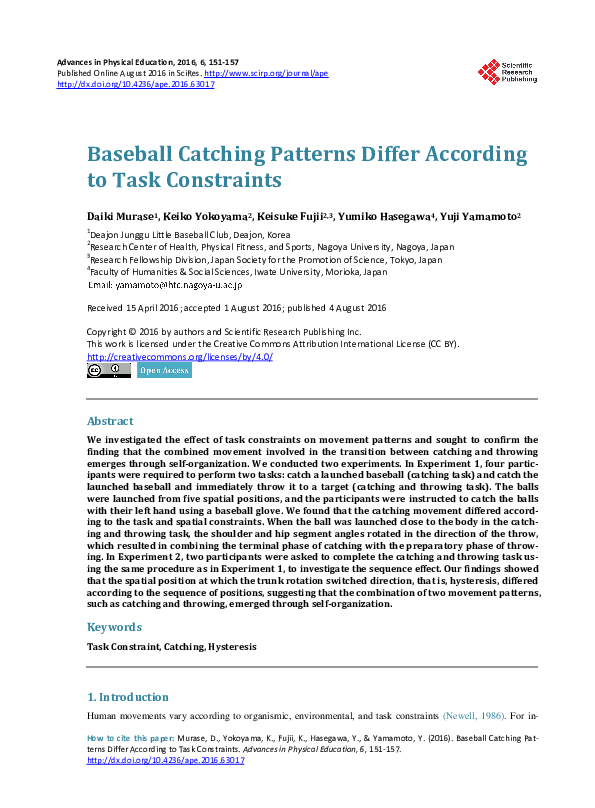 (PDF) Baseball Catching Patterns Differ According to Task Constraints
