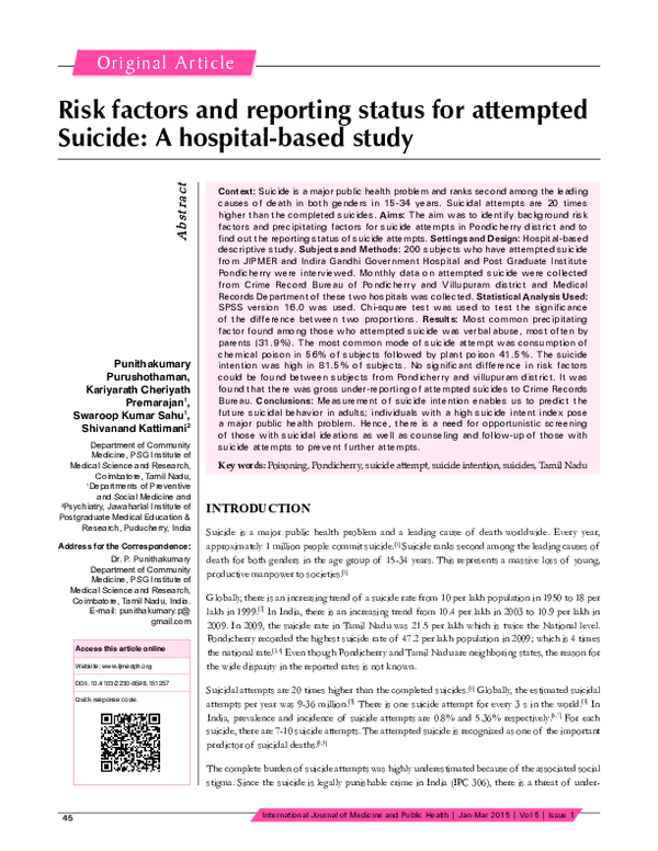 (PDF) Risk factors and reporting status for attempted Suicide: A ...
