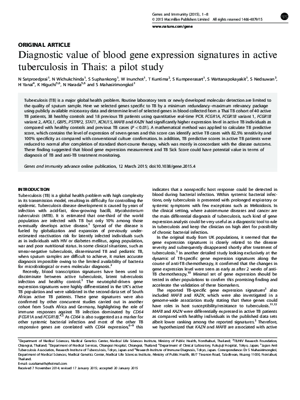 (PDF) Diagnostic value of blood gene expression signatures in active ...