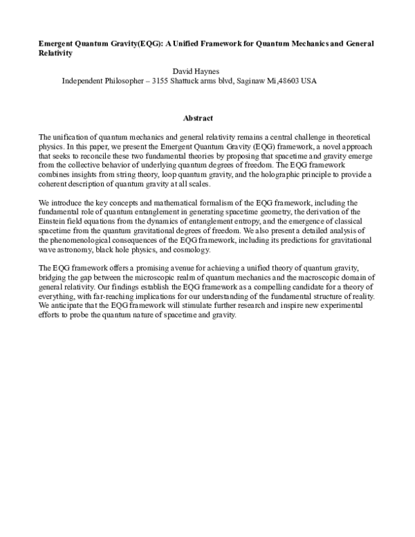 (PDF) Emergent Quantum Gravity(EQG): A Unified Framework for Quantum ...