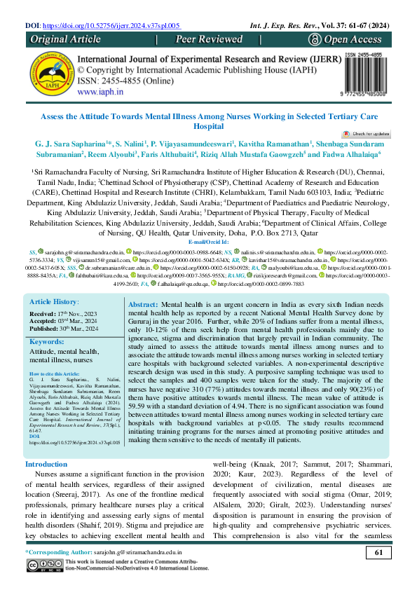 (PDF) Assess the Attitude Towards Mental Illness Among Nurses Working ...