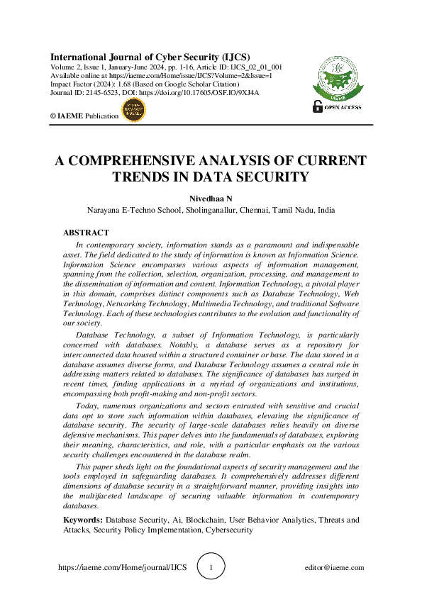 (PDF) A COMPREHENSIVE ANALYSIS OF CURRENT TRENDS IN DATA SECURITY