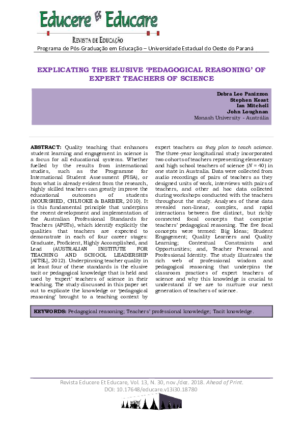 (PDF) Explicating the Elusive ‘Pedagogical Reasoning’ of Expert ...