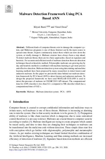(PDF) Malware Detection Framework Using PCA Based ANN
