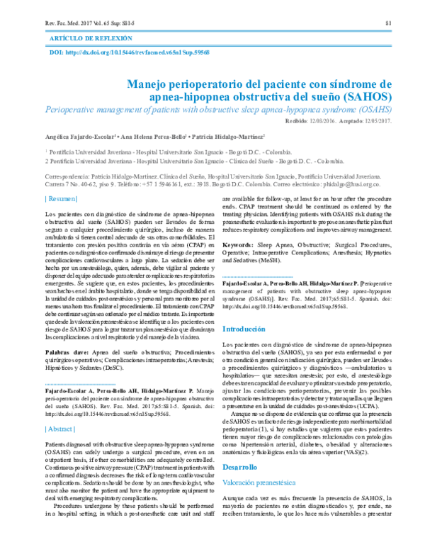 (PDF) Manejo perioperatorio del paciente con síndrome de apnea-hipopnea ...