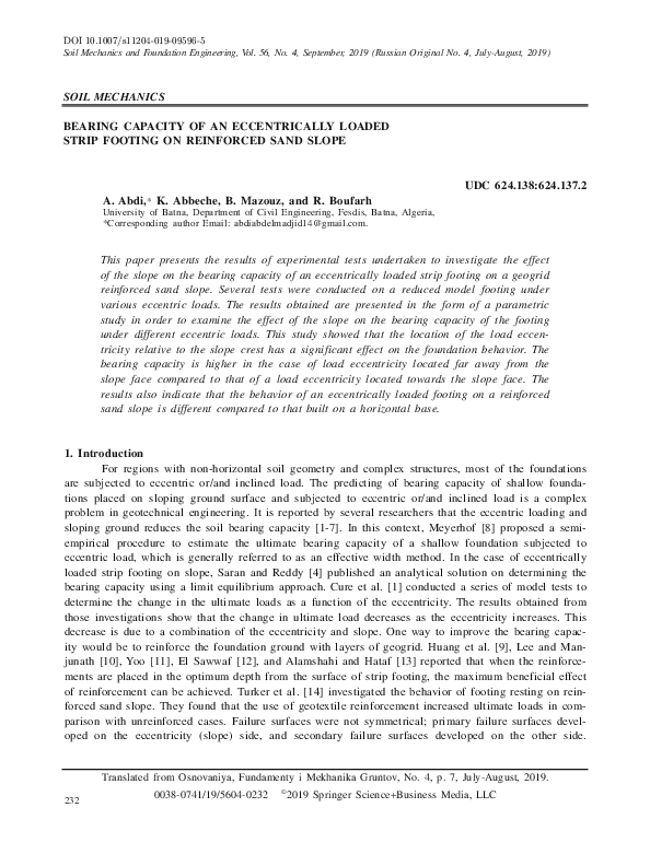 (PDF) Bearing Capacity of Eccentrically Loaded Strip Footings Near a Slope