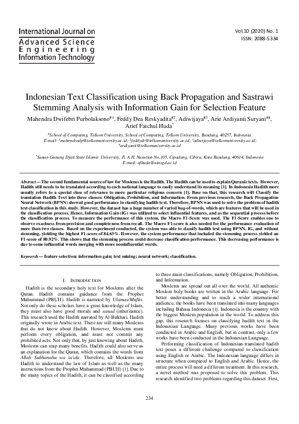 (PDF) Indonesian Text Classification using Back Propagation and ...
