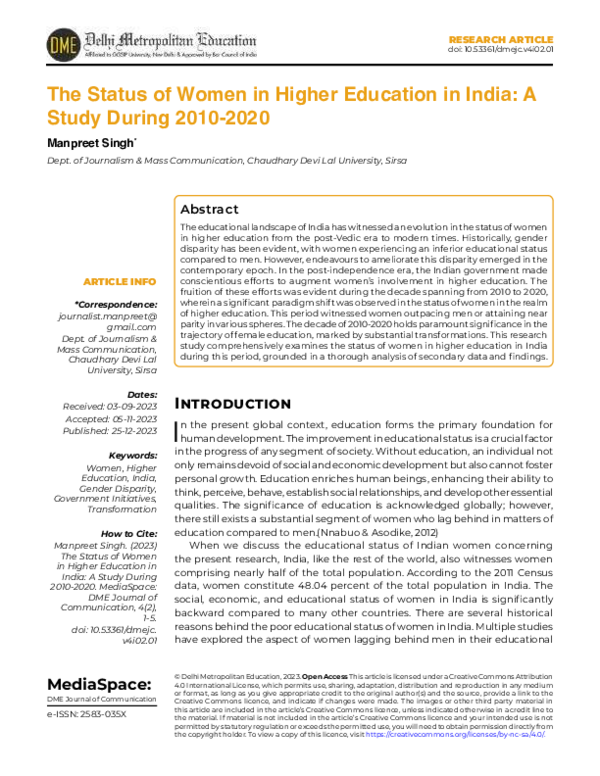 (PDF) The Status of Women in Higher Education in India: A Study During ...