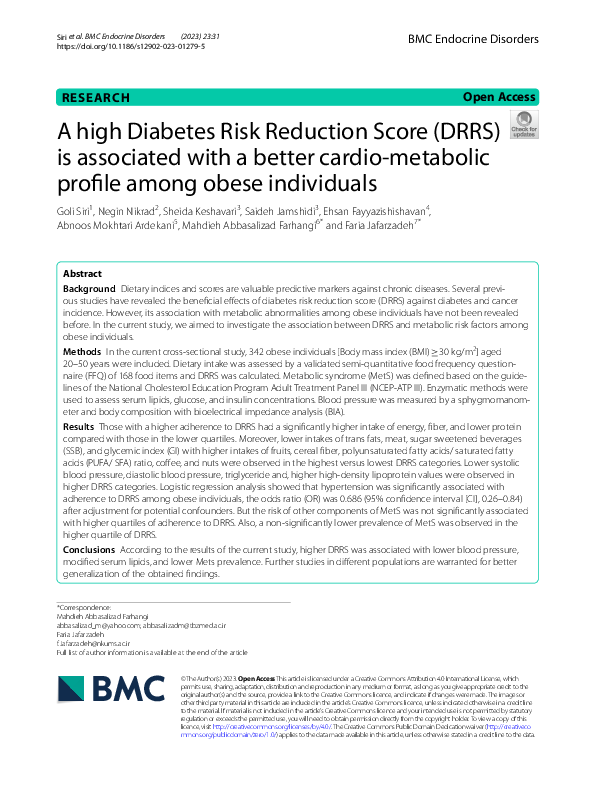 (PDF) A high Diabetes Risk Reduction Score (DRRS) is associated with a ...