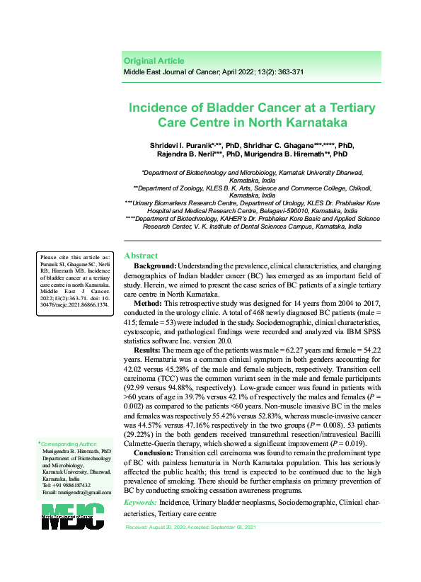 (PDF) Incidence of Bladder Cancer at a Tertiary Care Centre in North ...