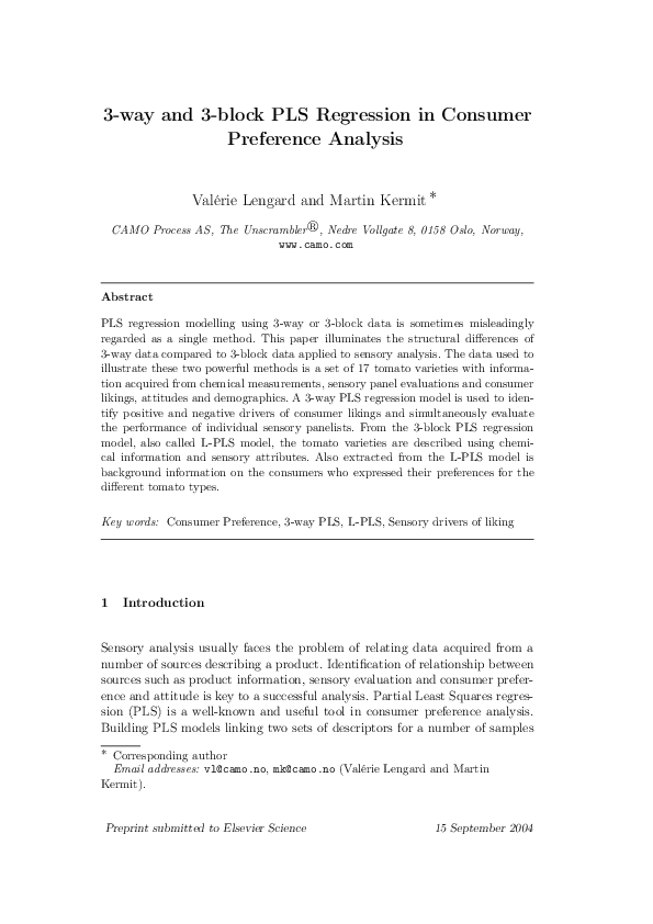 (PDF) 3-Way and 3-block PLS regressions in consumer preference analysis