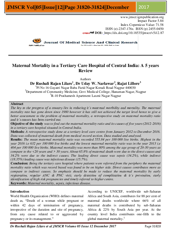 (PDF) Maternal Mortality in a Tertiary Care Hospital of Central India ...