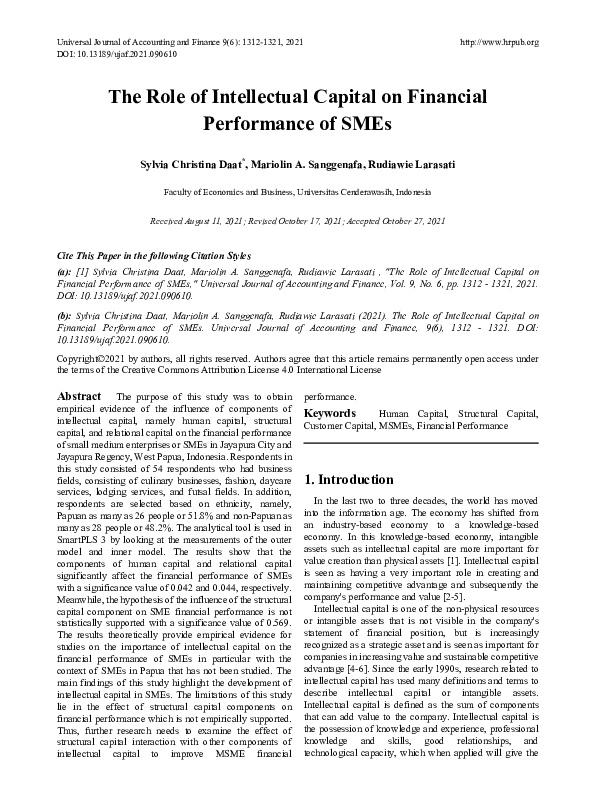 (PDF) The Role of Intellectual Capital on Financial Performance of SMEs