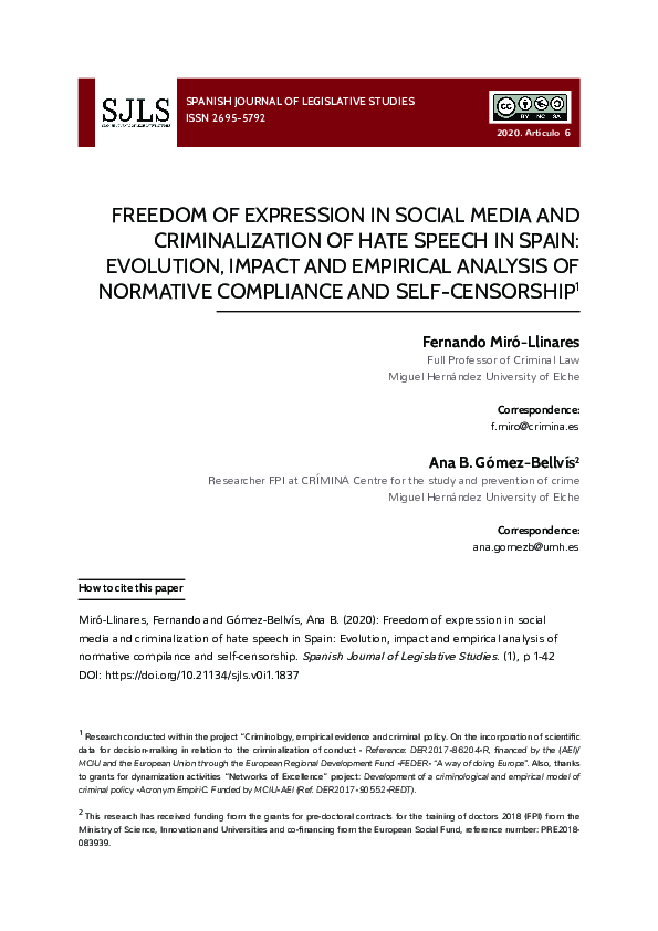 (PDF) Freedom of Expression in Social Media and Criminalization of Hate ...