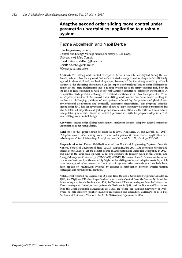 (PDF) Adaptive second order sliding mode control under parametric ...