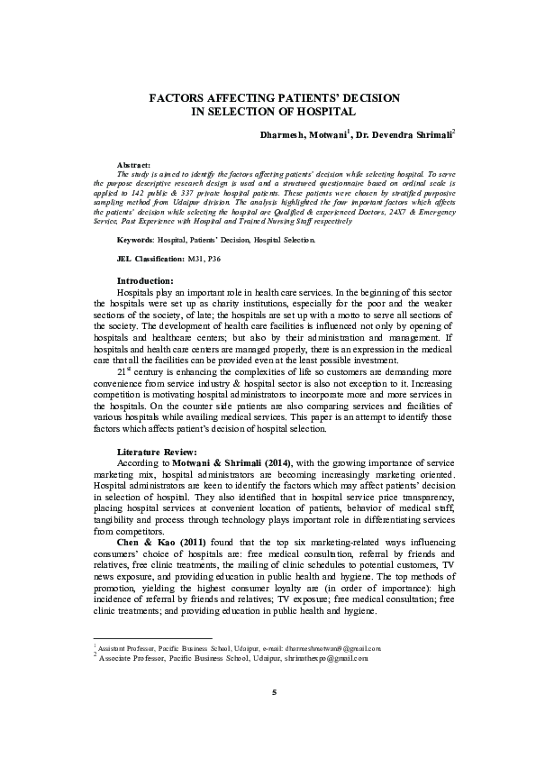 (PDF) Factors Affecting Patients' Decision in Selection of Hospital