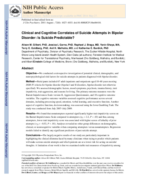 (PDF) Clinical and Cognitive Correlates of Suicide Attempts in Bipolar ...