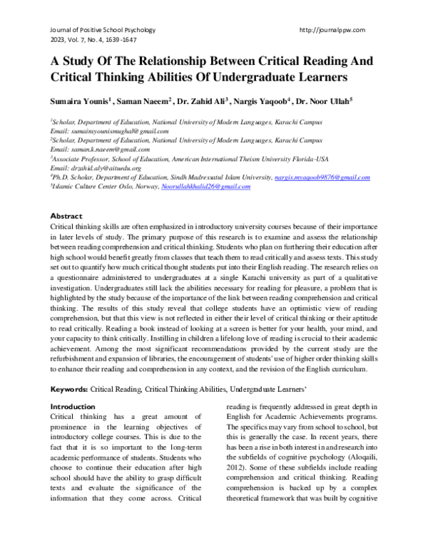 (PDF) A Study Of The Relationship Between Critical Reading And Critical ...