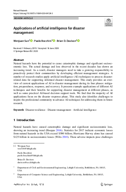 (PDF) Applications of artificial intelligence for disaster management