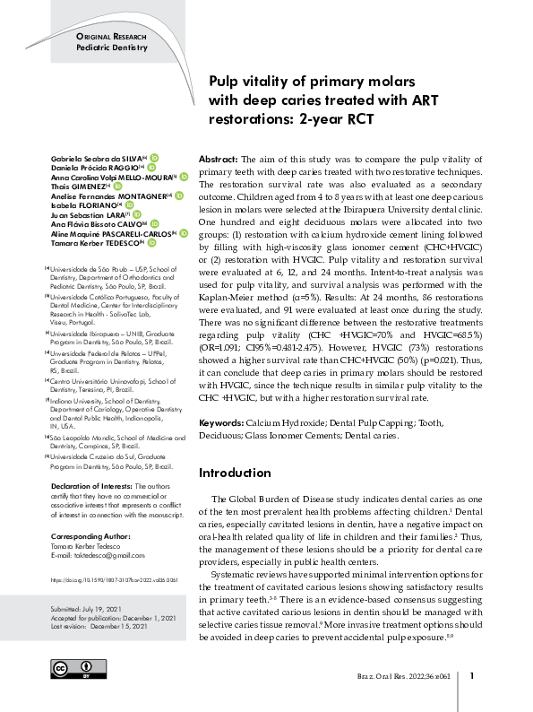 (PDF) Pulp vitality of primary molars with deep caries treated with ART ...