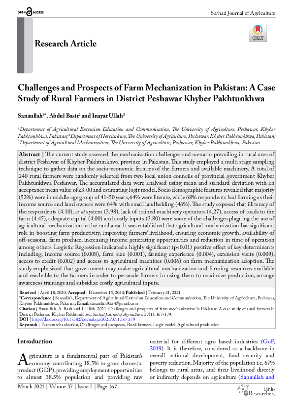 (PDF) Challenges and Prospects of Farm Mechanization in Pakistan: A ...