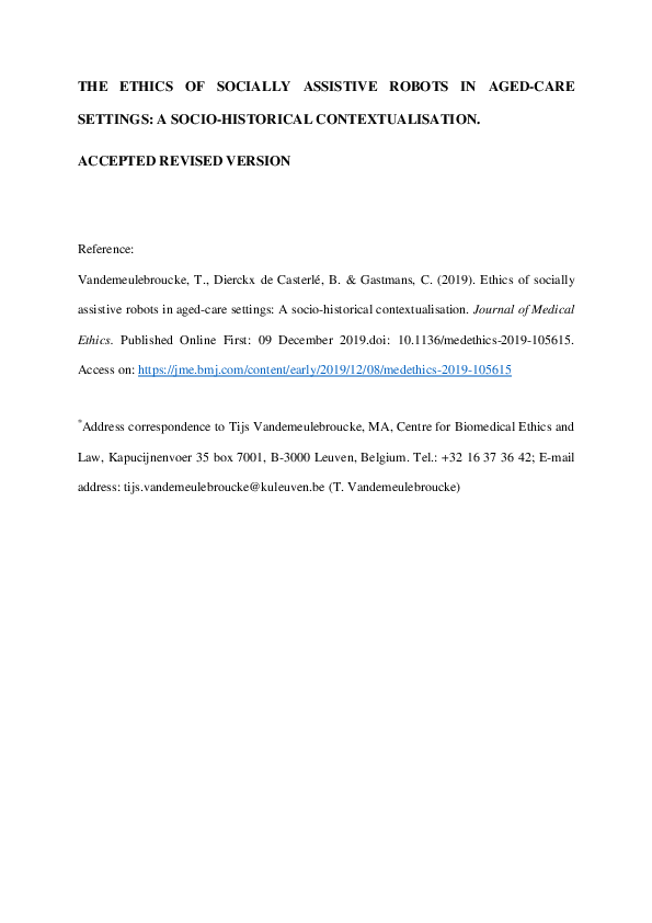 (PDF) Ethics of socially assistive robots in aged-care settings: a ...
