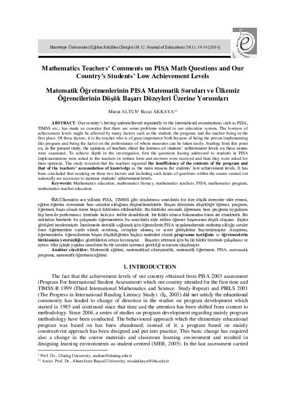 (PDF) Mathematics Teachers’ Comments on PISA Math Questions and Our ...