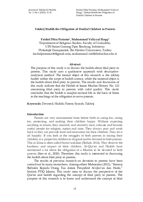 (PDF) Takhrij Hadith the Obligation of Dutiful Children to Parents