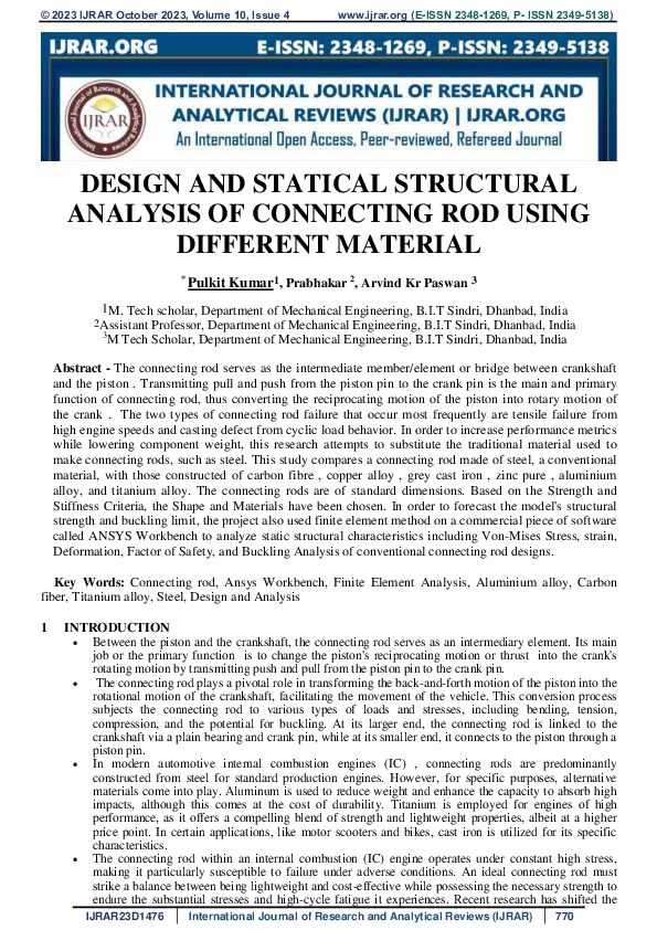 (PDF) DESIGN AND STATICAL STRUCTURAL ANALYSIS OF CONNECTING ROD USING ...