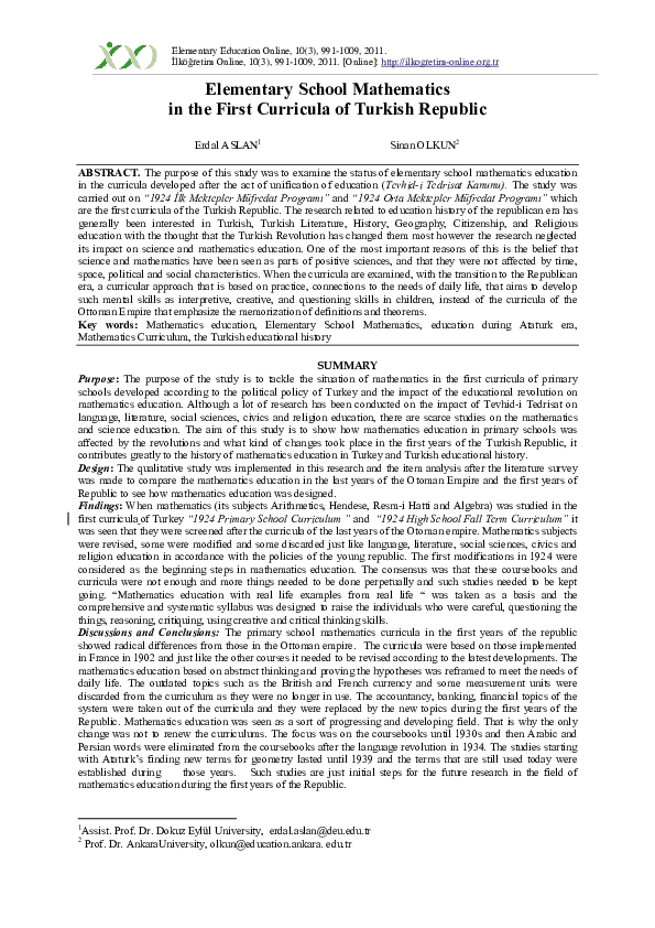 (PDF) Elementary School Mathematics in the First Curricula of Turkish ...