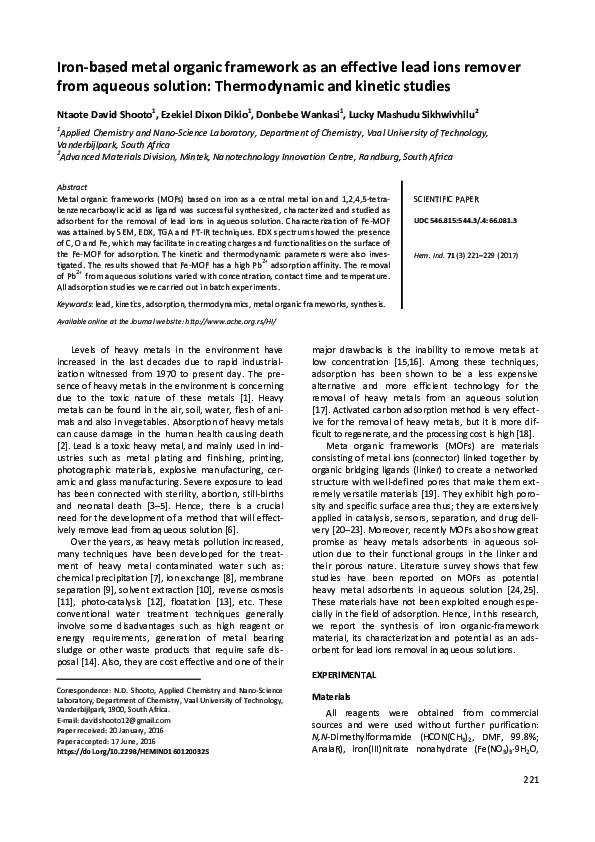 (PDF) Iron based metal organic framework as an effective lead ions