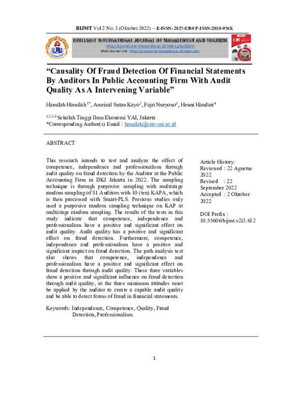 (PDF) “Causality Of Fraud Detection Of Financial Statements By Auditors ...