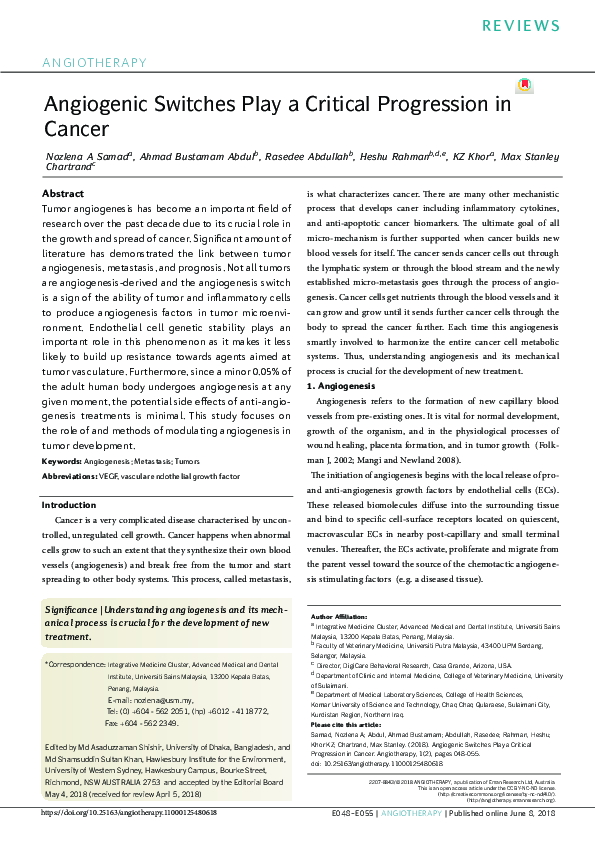 (PDF) Angiogenic Switches Play a Critical Progression in Cancer