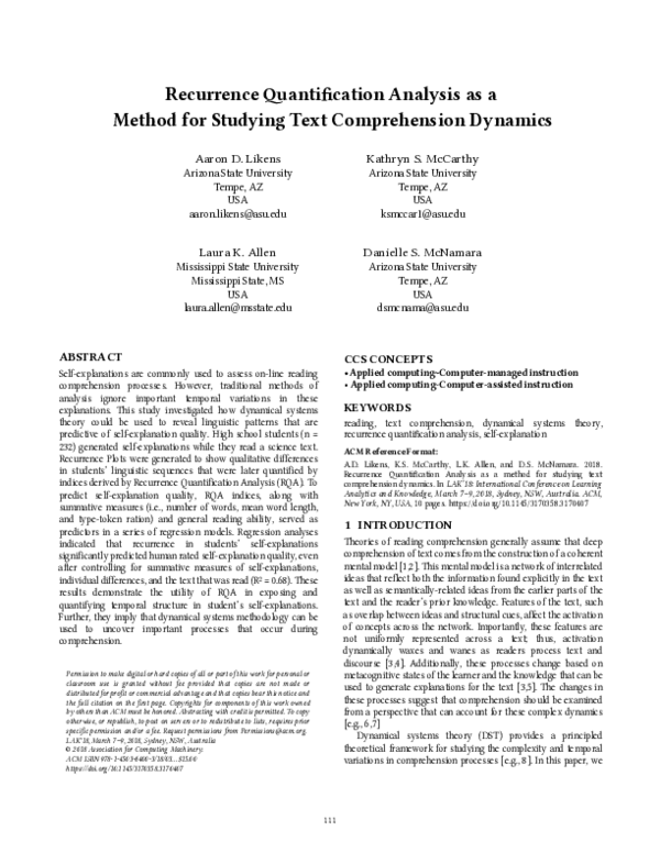 (PDF) Recurrence quantification analysis as a method for studying text ...