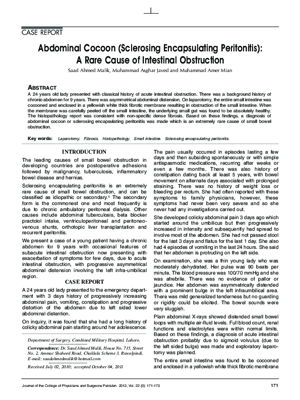(PDF) Abdominal cocoon (sclerosing encapsulating peritonitis): a rare ...
