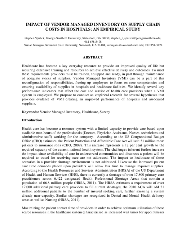 (PDF) Impact of Vendor Managed Inventory on Supply Chain Costs in ...