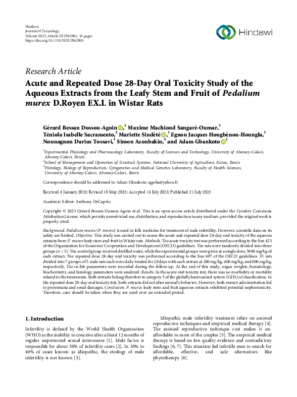 (PDF) Acute and Repeated Dose 28-Day Oral Toxicity Study of the Aqueous ...